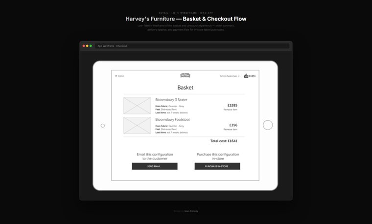Basket and checkout flow, Harvey's Furniture