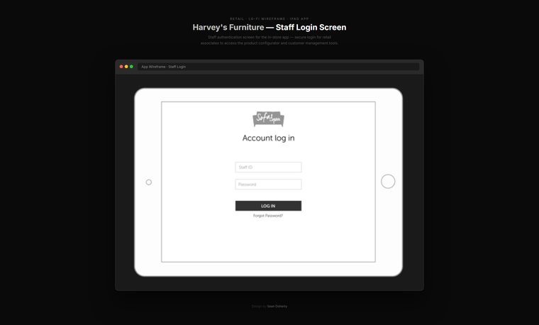 Staff login screen, Harvey's Furniture
