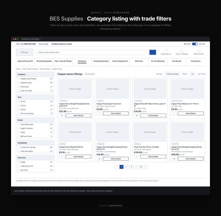 Category listing with trade filters, BES Supplies