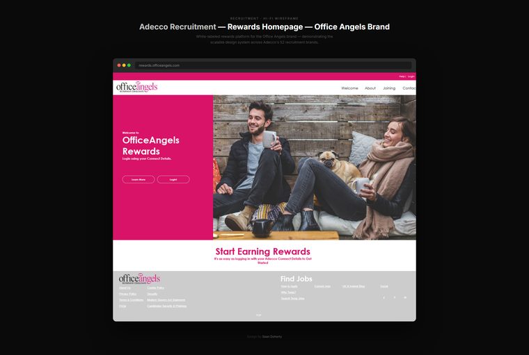 Rewards homepage, Office Angels brand, Adecco