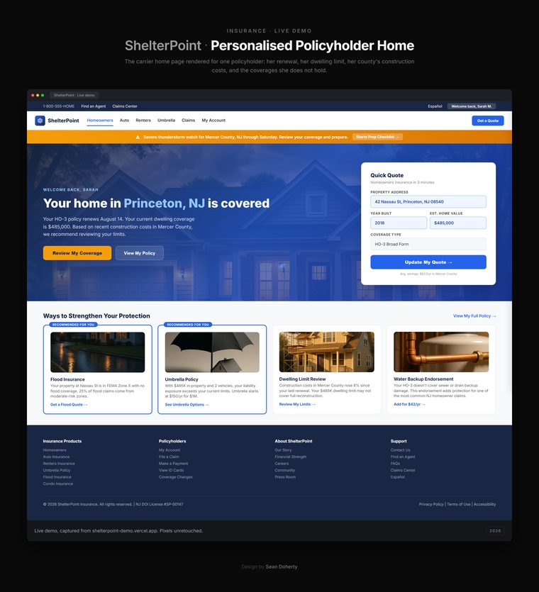 Personalised policyholder home, ShelterPoint Insurance AI Assistant